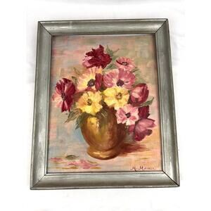 VTG Oil Painting‎ Signed Flower Vase Framed MCM 80s Still Life Original Floral